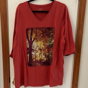 Catherines Rust V-Neck Top with Nature Graphic Size 1x